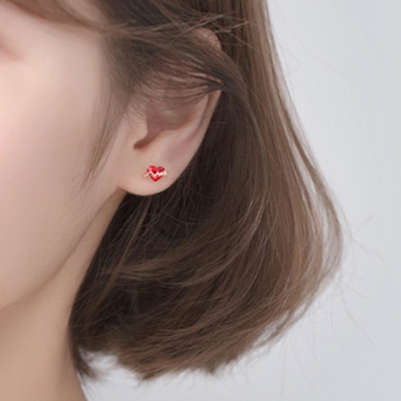 Sterling Silver Valentine Heart Earrings - Rose Gold Red Rhinestone Heart Studs - Picture 4 of 5